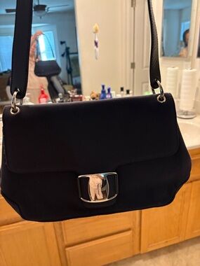 Salvatore Ferragamo Black Women’s Shoulder Bag with Silver Hardware